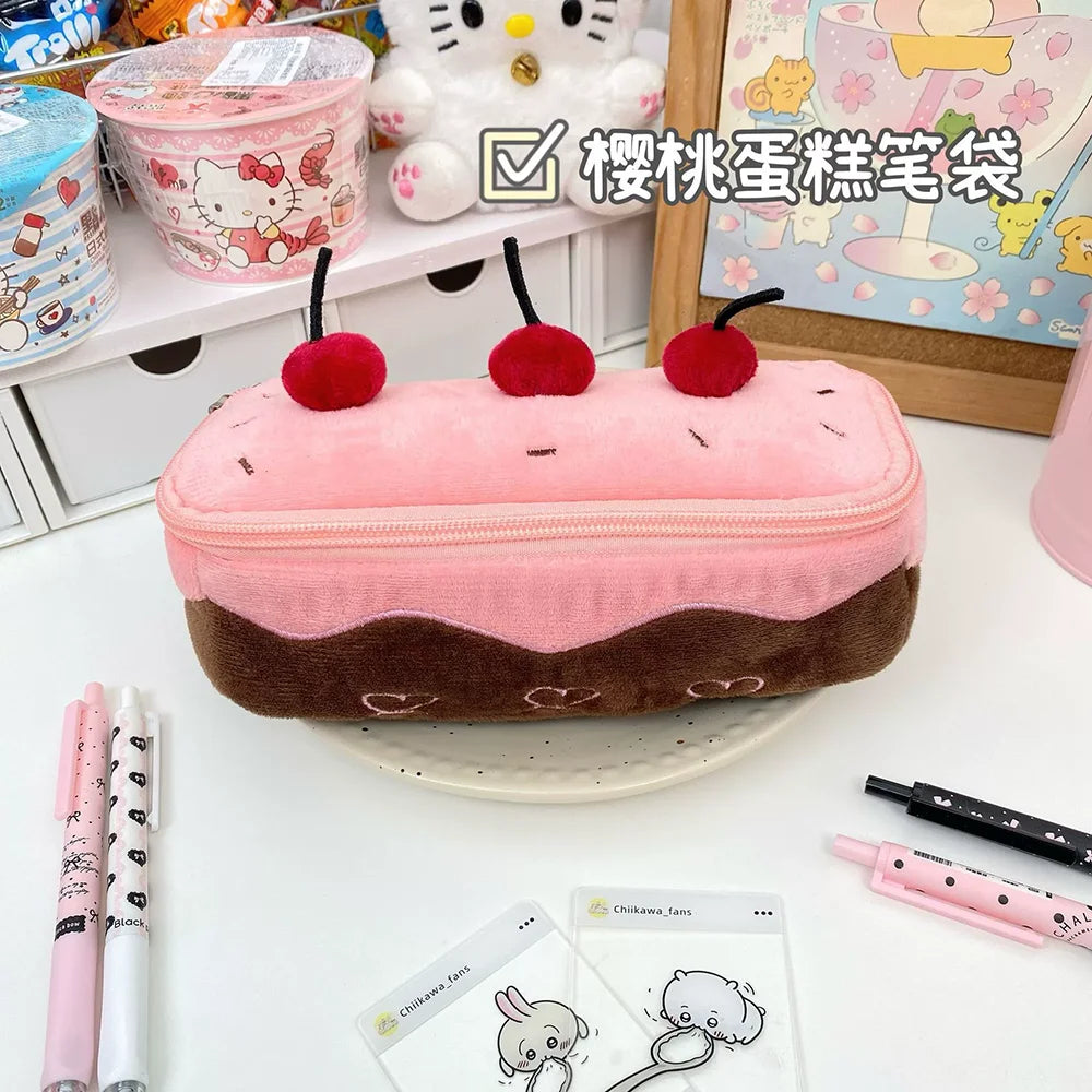 INS Fashion Korean Cream Swiss Roll Plush Pencil Case Student Desktop Storage Stationery Pen Bag Cute Girl Makeup Bag