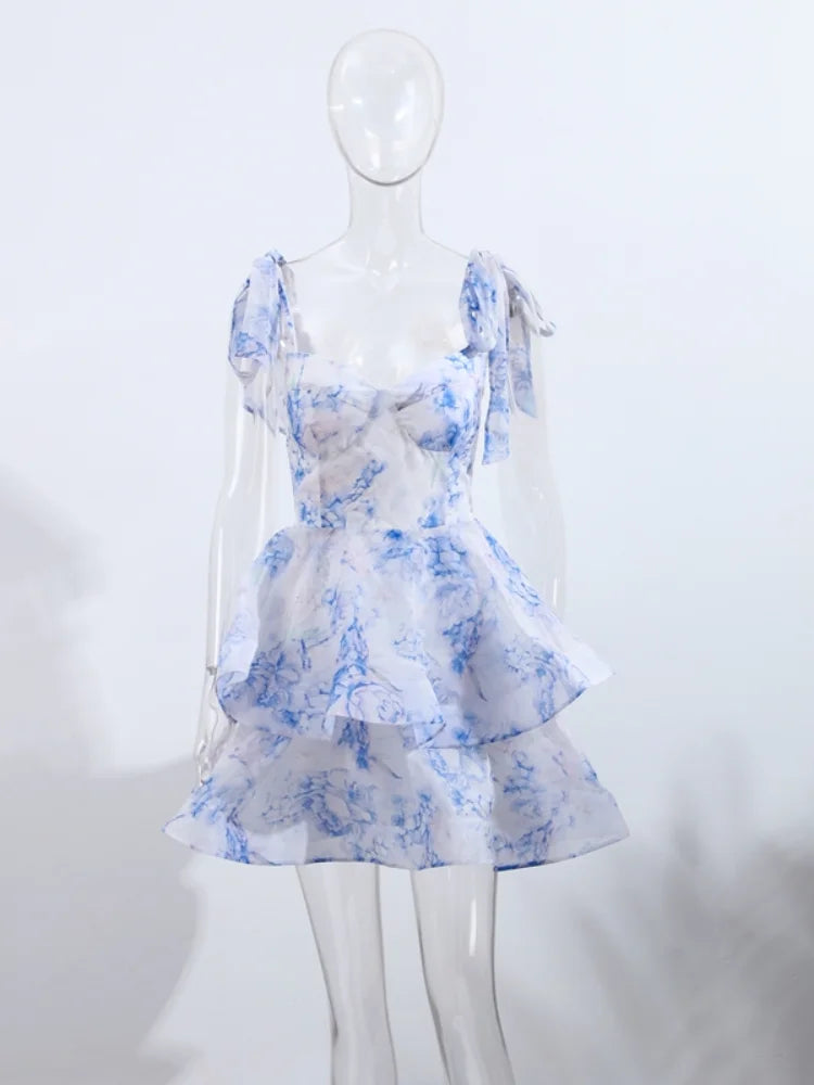 Print Flower Lace Up Ball Gown Mini Dress