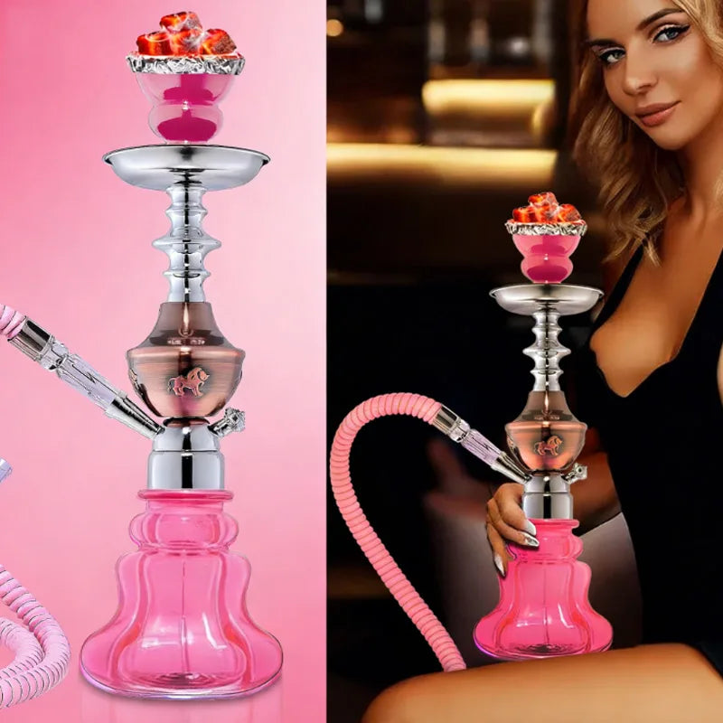 Arab Hookah Set Pink Bar Shisha Ceramic Bowl Double Hose Camping Shisha Narguile Chicha Complete Set Glass Hookah Accessories