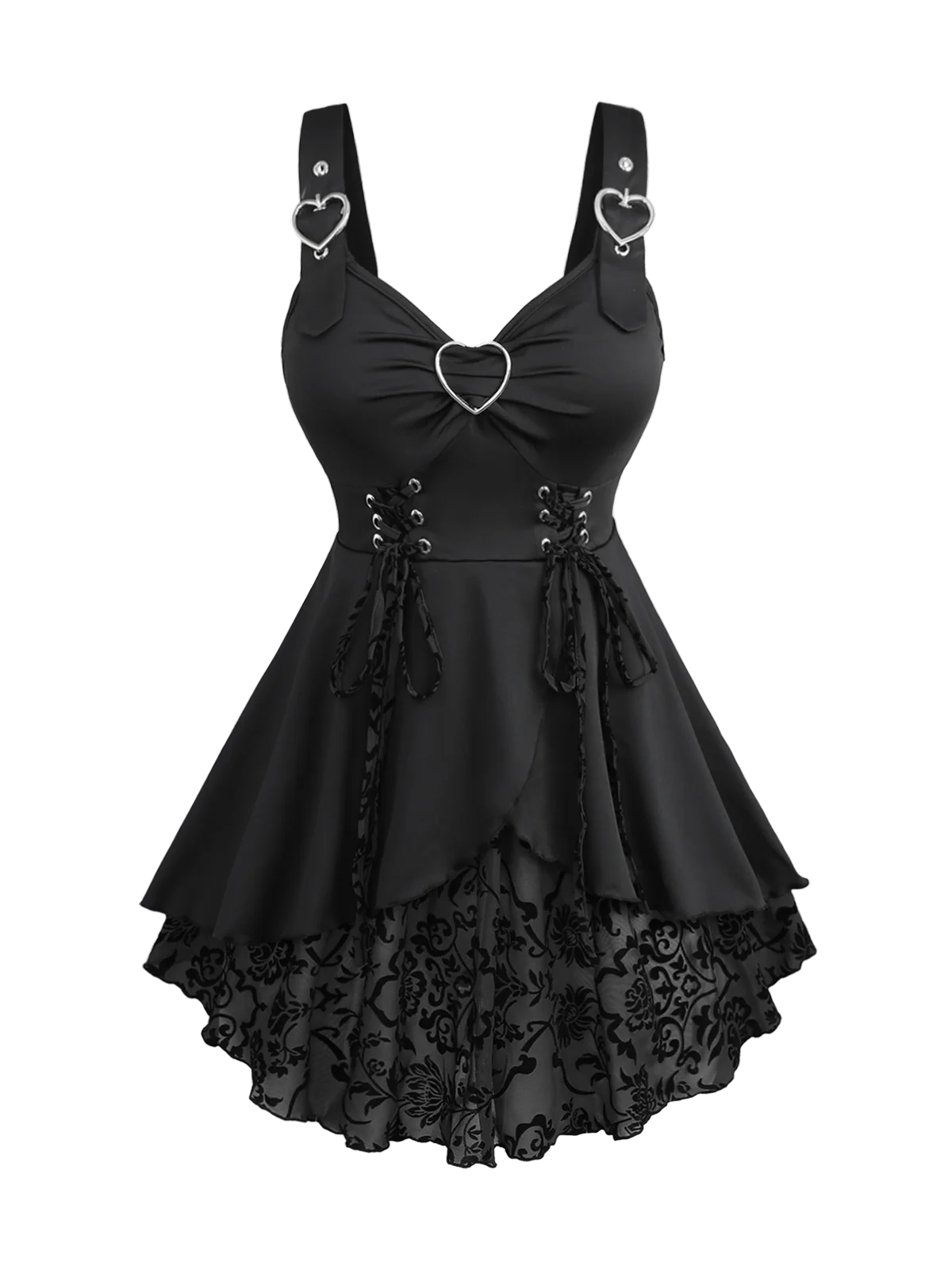 Floral Flocking Tulip Hem Layered Ruffles Lace Up Ruched Heart Buckles Tank Top