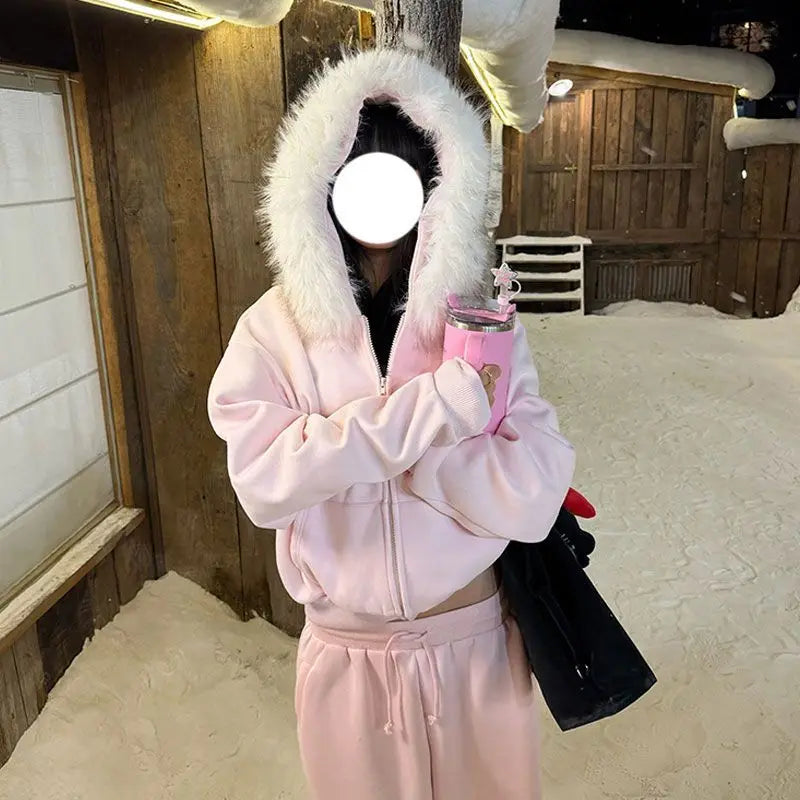 Loose Zipper Hoodie Fur Collar Sweater Pants Set