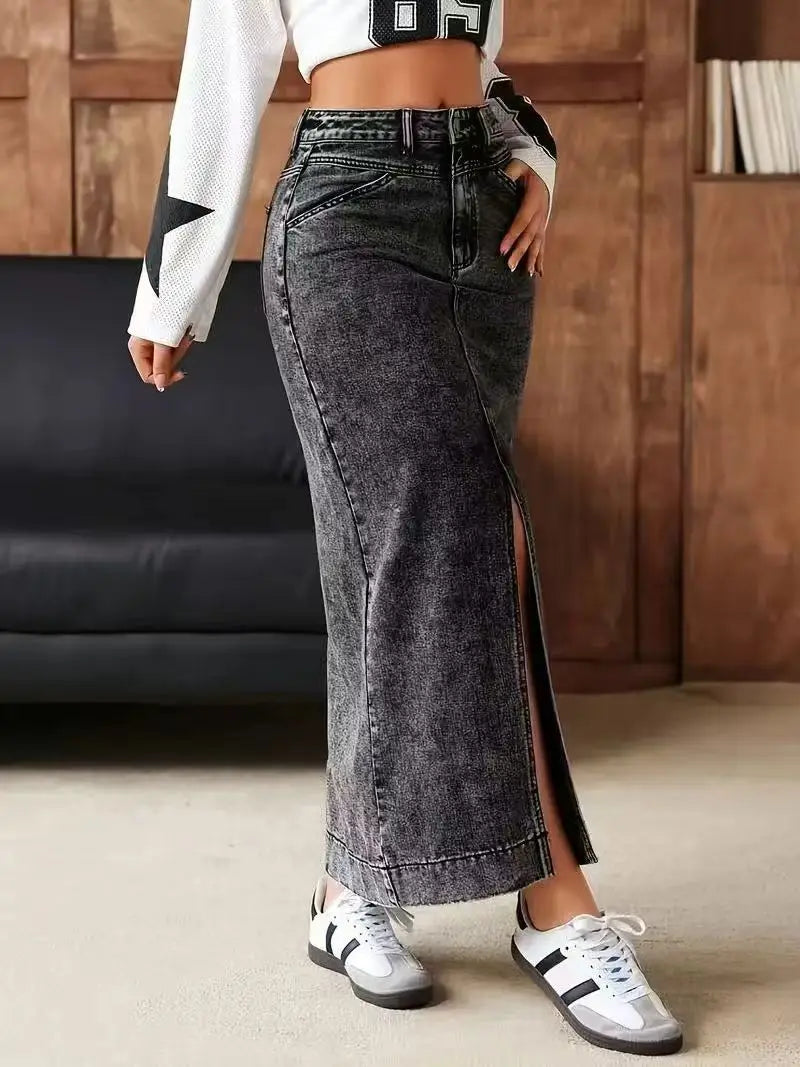 High-Waisted Front-Slit Denim Skirt