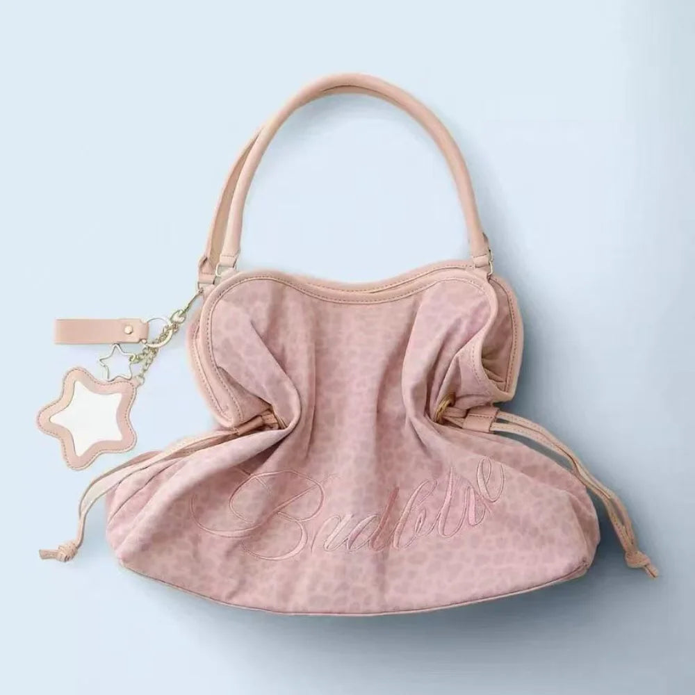 Embroidered Leopard Print Drawstring Tote Bag