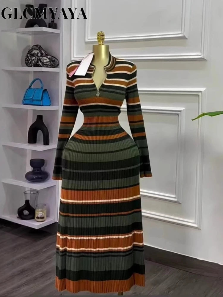 GLCMYAYA Striped Long Sleeve V-neck Maxi Dress