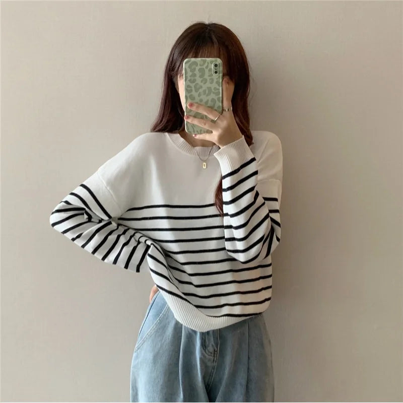 Striped Crew Neck Long Sleeves Knit Sweater