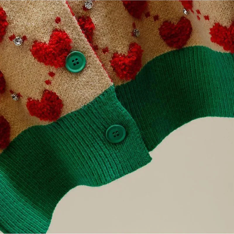 Heart Plaid O-Neck Knitted Cardigan