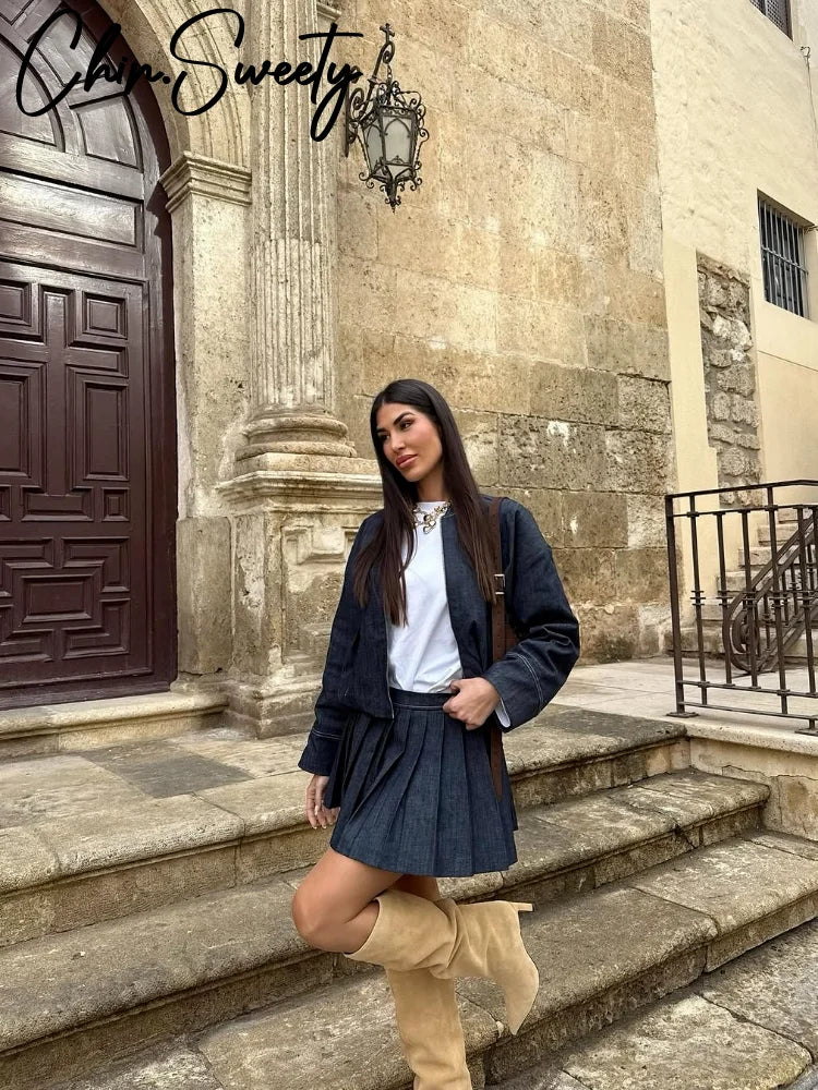 Denim Coat Mini Skirt Set