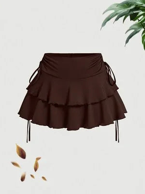 Ruffled Layered Mini Skirt with Side Drawstring