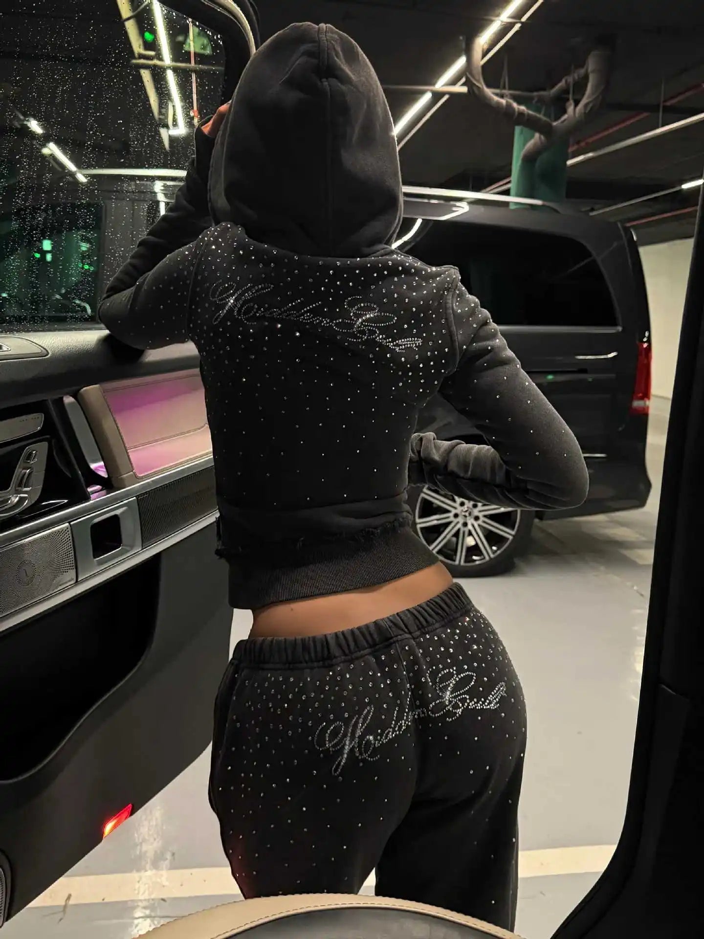 Casual Set With Diamonds Hooded Sweatshirt Pant Set