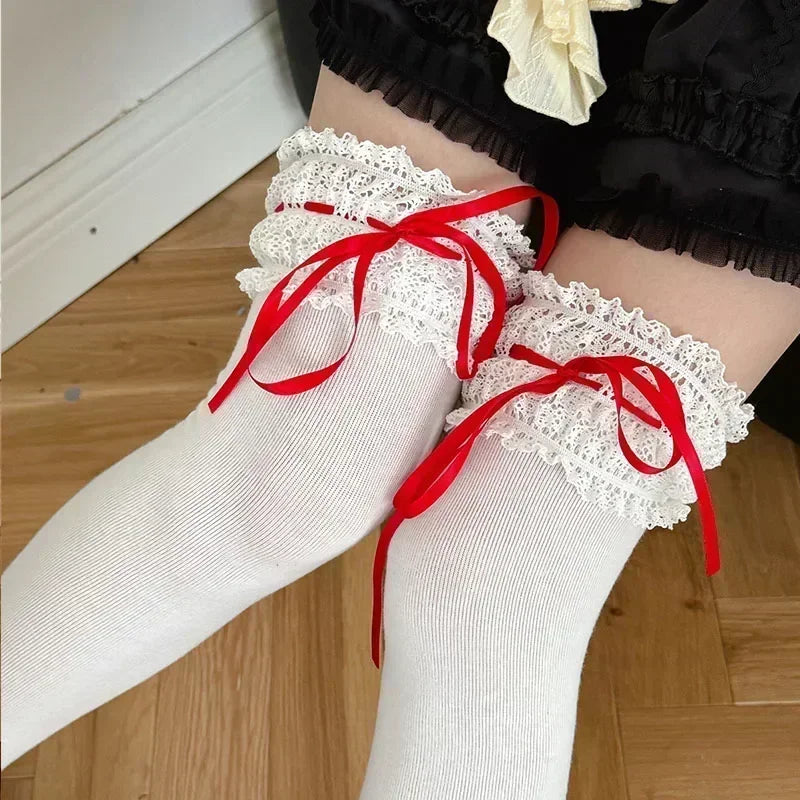 Lace Bow Over Knee-High Socks