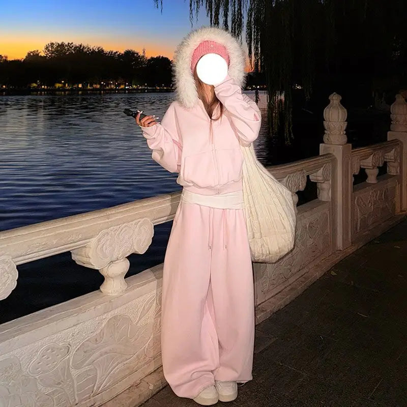 Loose Zipper Hoodie Fur Collar Sweater Pants Set