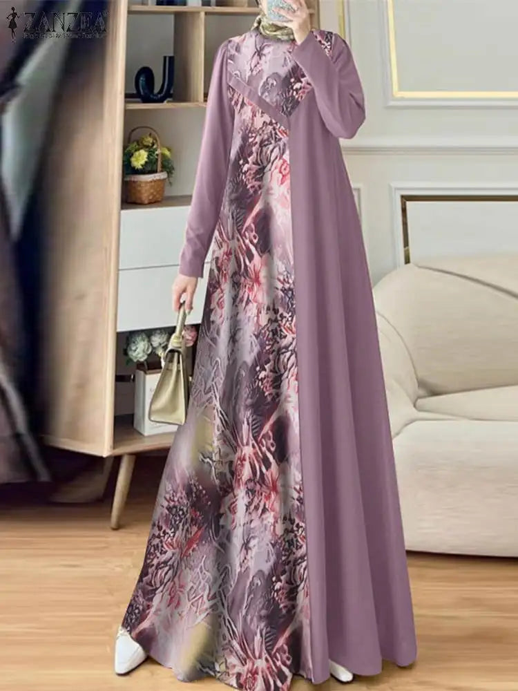 ZANZEA Women Elegant Long Sleeve IsIamic Robe Maxi Vestidos Muslim Patchwork Abaya Dubai Sundress Autumn Floral Printed Dresses