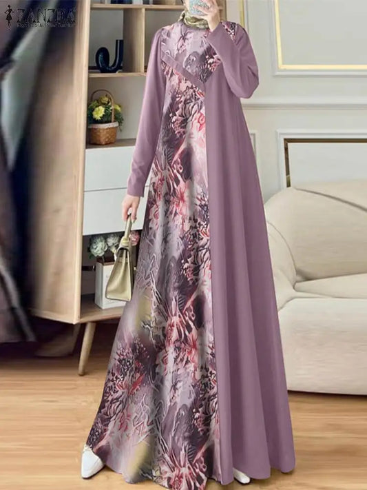 ZANZEA Women Elegant Long Sleeve IsIamic Robe Maxi Vestidos Muslim Patchwork Abaya Dubai Sundress Autumn Floral Printed Dresses