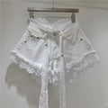 Crochet Lace Trim Slimming Raw Hem Denim Shorts + Pearl Belt