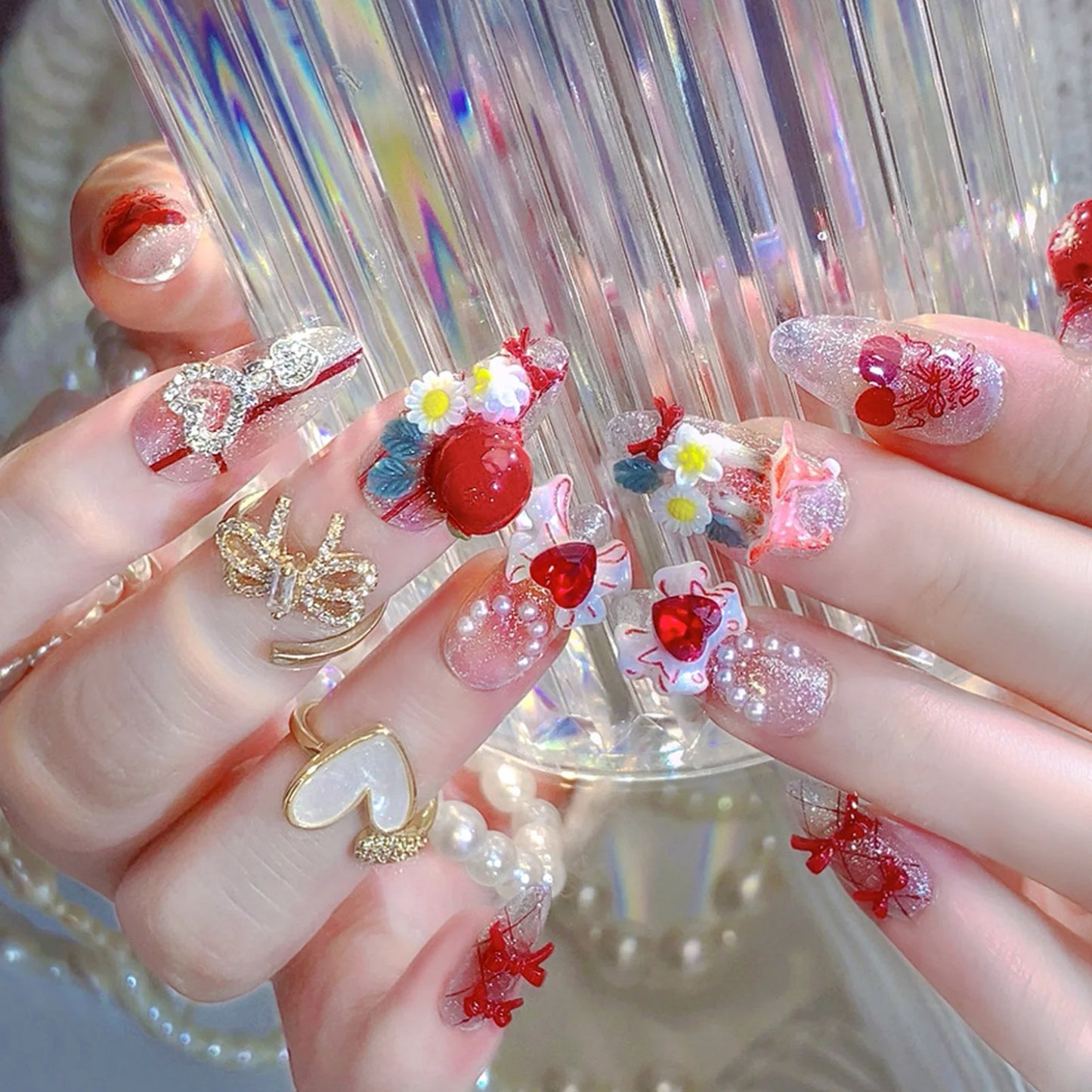 Blush Pink False Nails Bowknot Diamond Pearl 3D Design Press on Nail Tips with Harmless Smooth Edge Nails Woman DIY Fake Nails