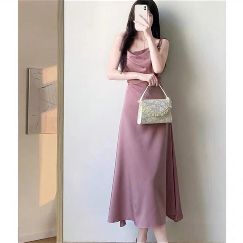 Solid Ice Silk Spaghetti Strap Dress