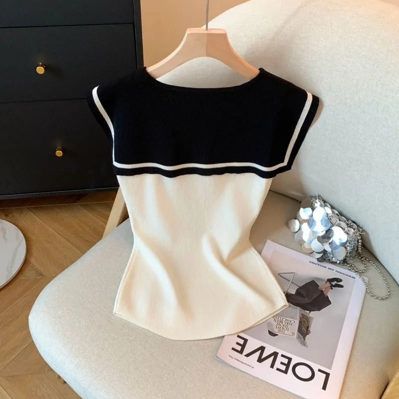 Sailor Collar Contrast Thin Knitted Tank