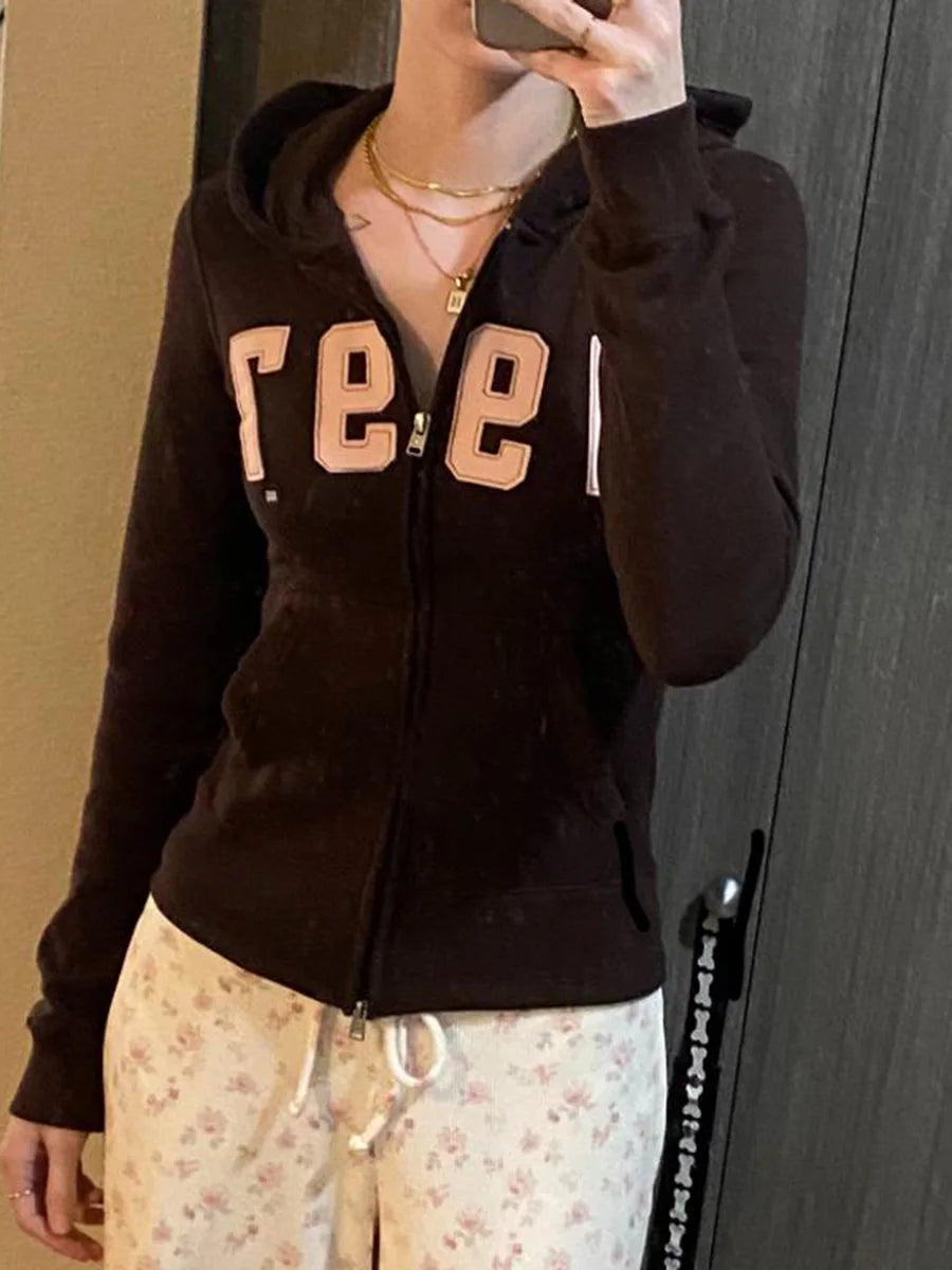 1977 Letter Embroidery Slim Zip-up Hoodie