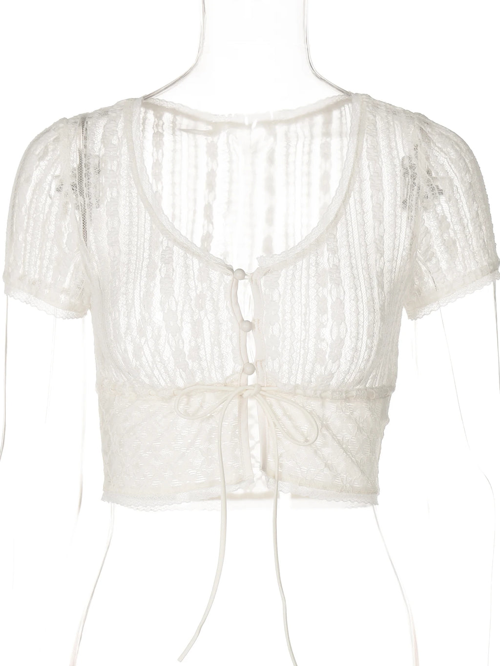 Lace Floral Print Short Sleeve Buttons Bandage Sexy Sheer Crop Tee