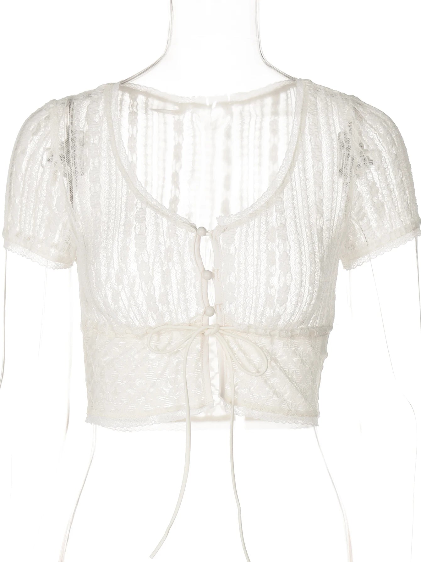 Lace Floral Print Short Sleeve Buttons Bandage Sexy Sheer Crop Tee