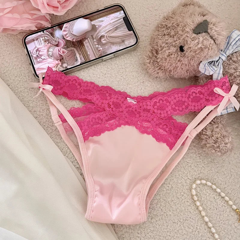 SP&CITY Cross Belt Lace Transparent Sexy Women's Underpants Low Waist Mesh Hollowed Bow Panties Cotton Crotch Breathable Briefs