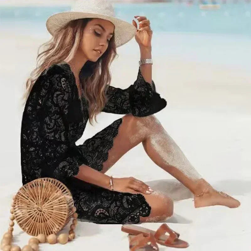 Boho Crochet White Knitted V-Neck Scallop Trim Lace Dress