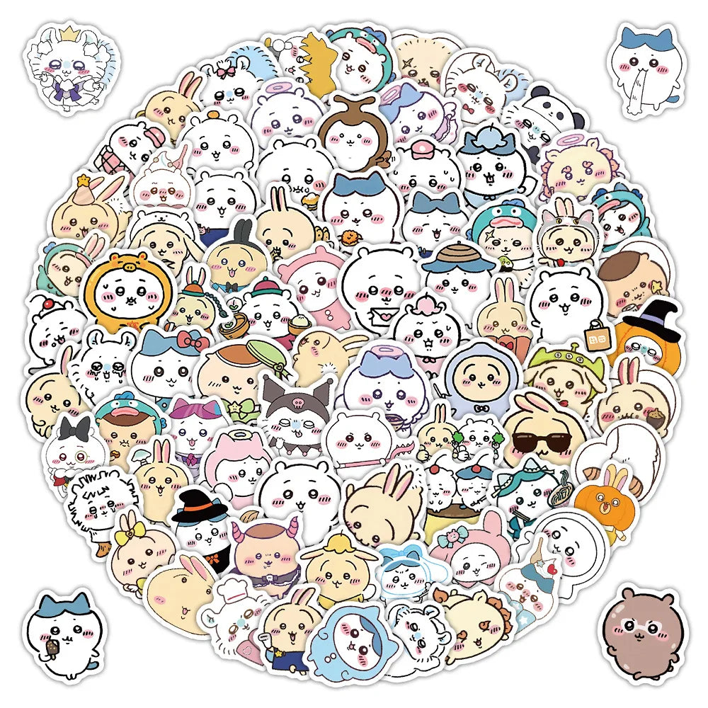 102pcs Chiikawa Graffiti Stickers Cartoon Hachiko and Usagi Cute Decorative Water Cup Phone Case, Creative DIY Anime Stickers