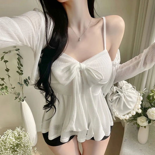 Sweetheart Bow Peplum Camisole & Bolero Cardigan Set