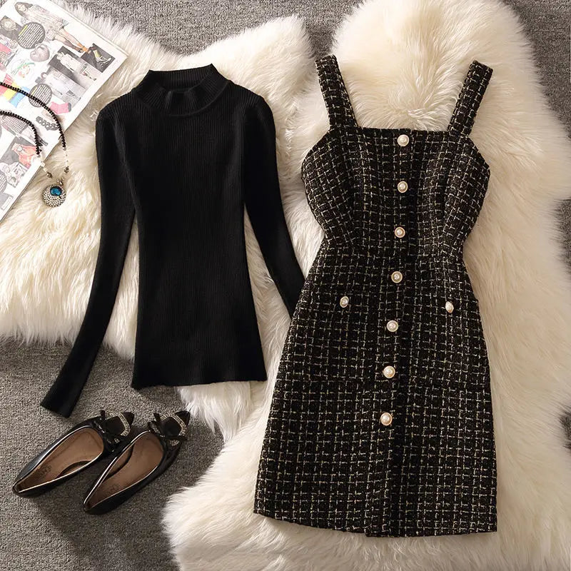 Tweed Vest Suspender Woolen Dress