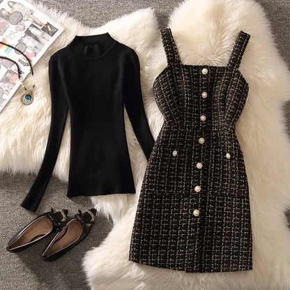 Tweed Vest Suspender Woolen Dress