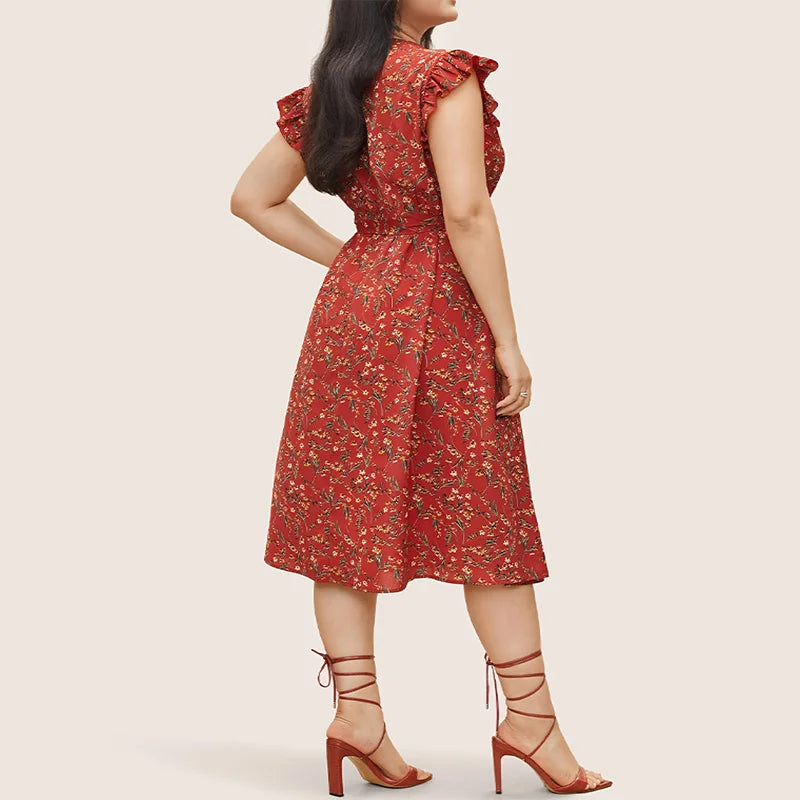 V-Neck Sleeveless Floral Print Dress with Ruffle Pockets