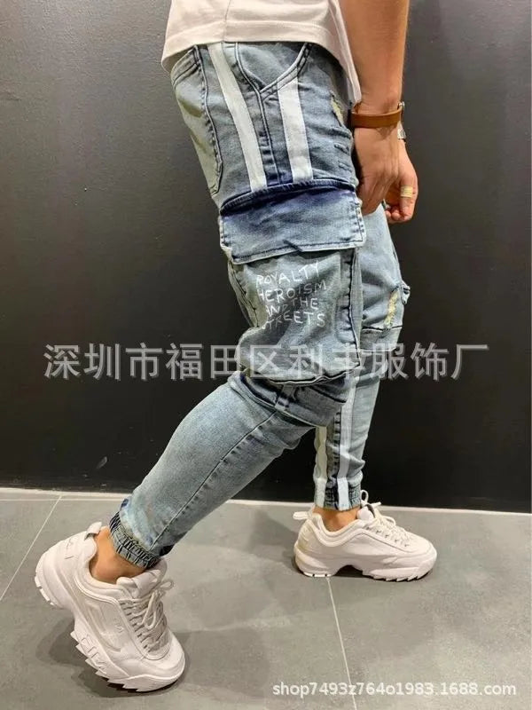 メンズ ジーンズ デニム アンクル丈 ペンシルパンツ ミッドウエスト ダメージ シースポケット スリム ハイストリート パッチワーク 微ストレッチ ウォッシュ加工