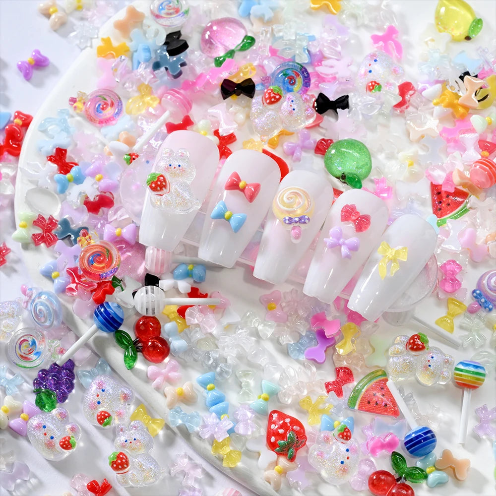 1Box 3D Resin Candy Color Bow Nail Art Charms Cartoon Rabbit /Lollipop/Fruit Nail Art Decorations Kawaii Bowtie Nail Suppies U7#