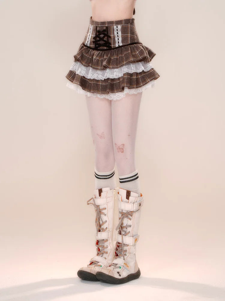 Patchwork Plaid Print Lace Ruffle Cake Skirt