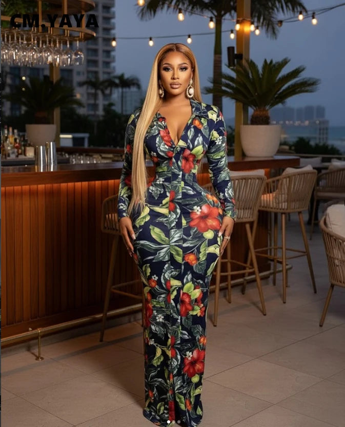 CM.YAYA Full Sleeve Floral Print Bodycon Long Dress