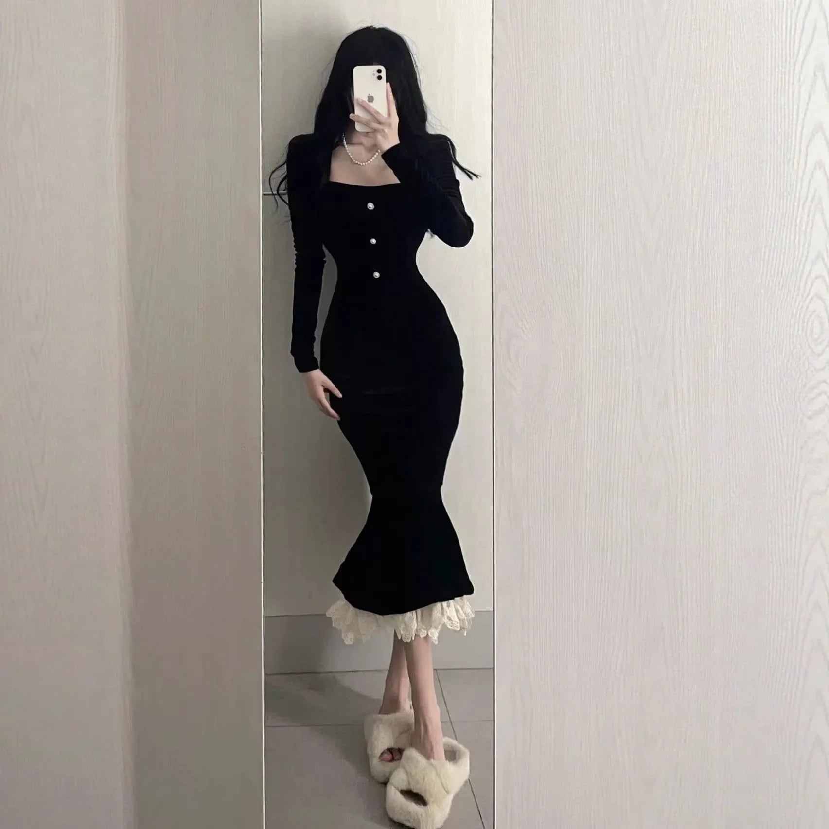 Square Collar Black Velvet Fish Tail Dress