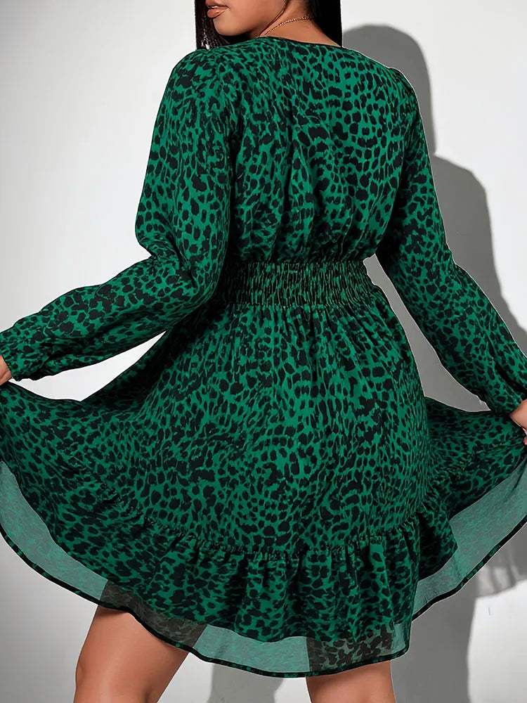 V-Neck Leopard Print Long-Sleeve Dress