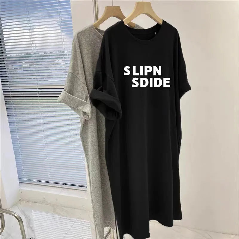 Simple Letter Printed Loose Short Sleeved Dress