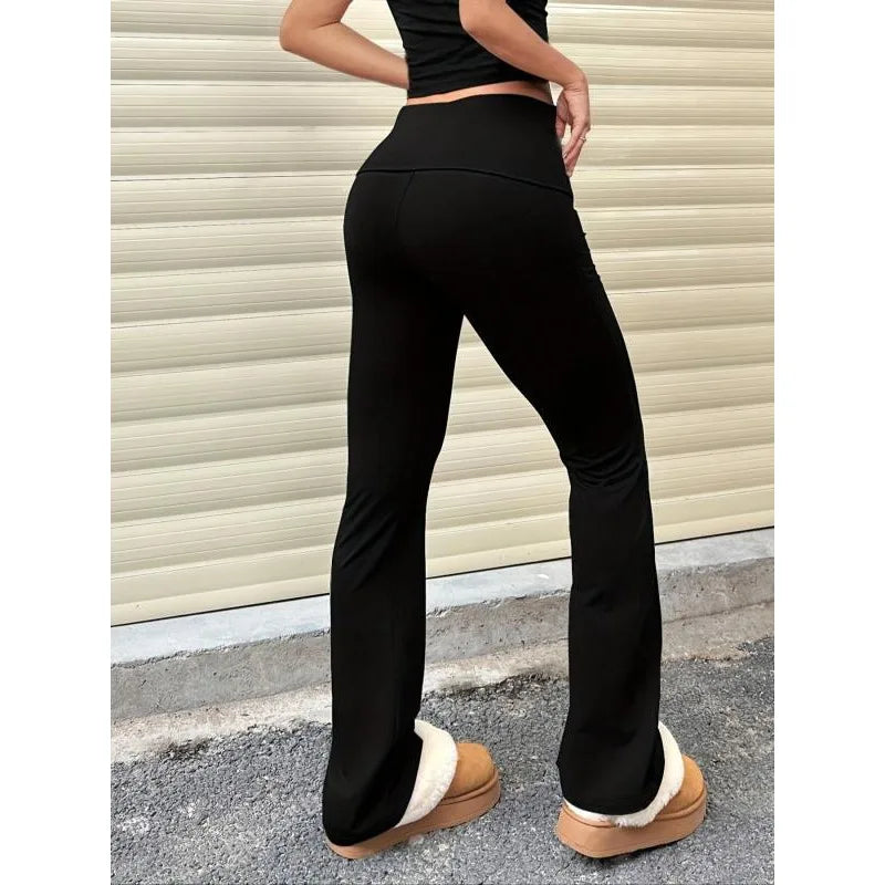 Casual Solid Color Wide-waist Flare Pants