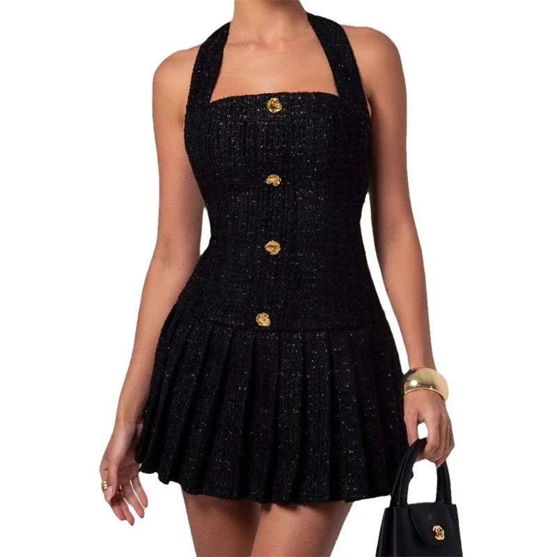 Tweed Halter Mini Dress with Gold Buttons