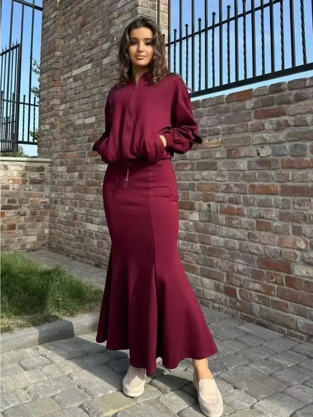 2-Piece Mermaid Maxi Skirt & Zip Jacket Set