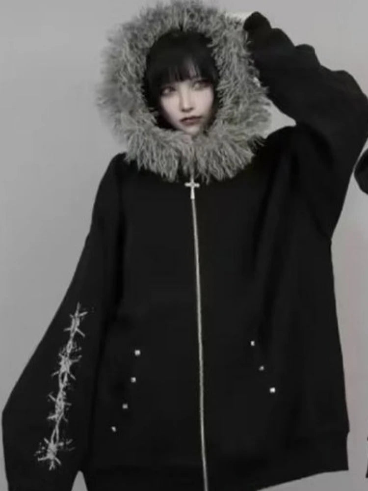 Fur-Lined Zipper Hoodie Jacket
