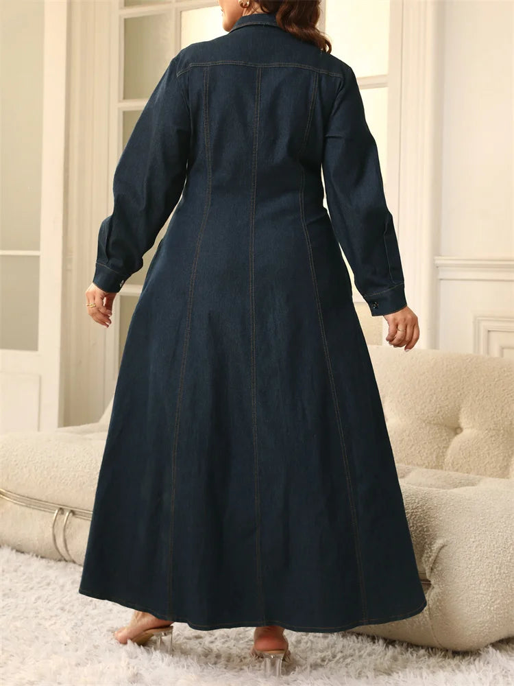 Denim Button Solid Maxi Dress