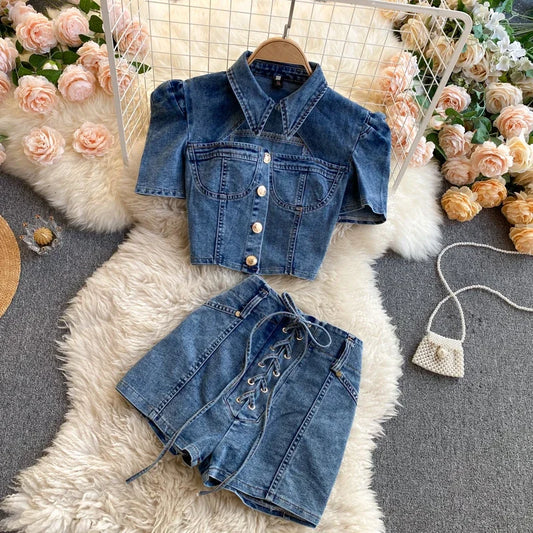 Short Sleeve Puff Sleeve Crop Top and Lace-Up High-Waisted Shorts Set