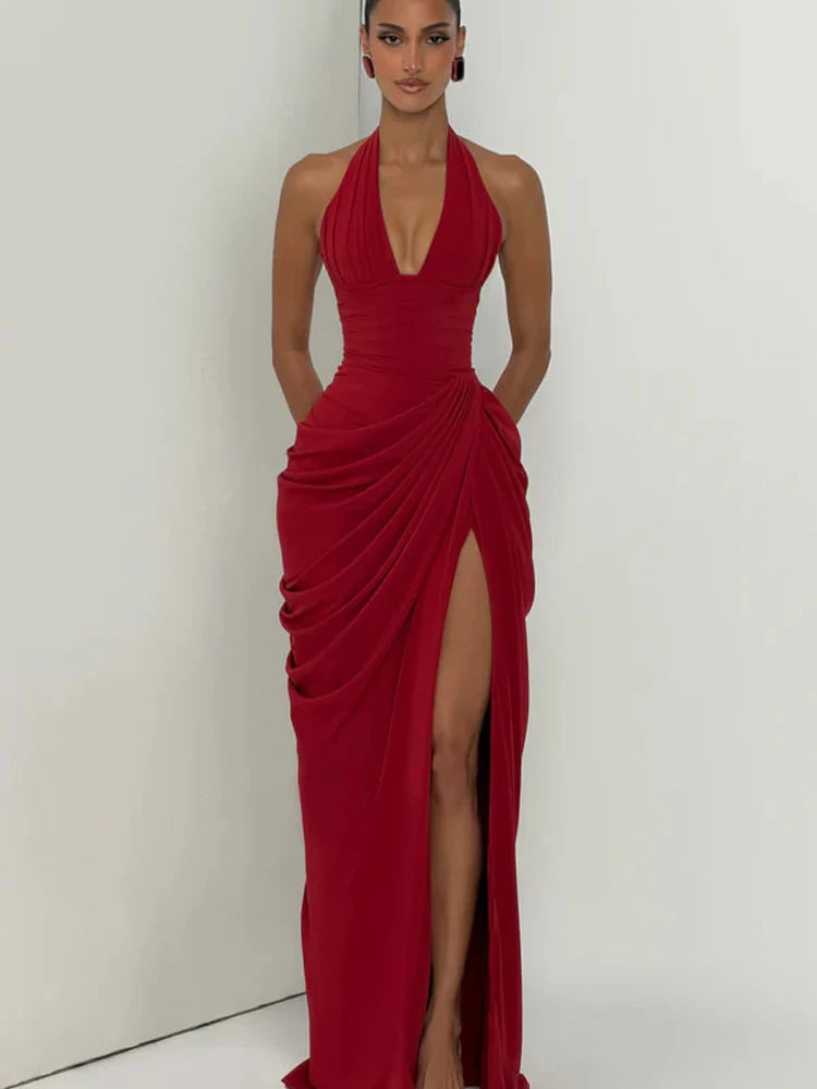 Solid Pleated Halter Dress