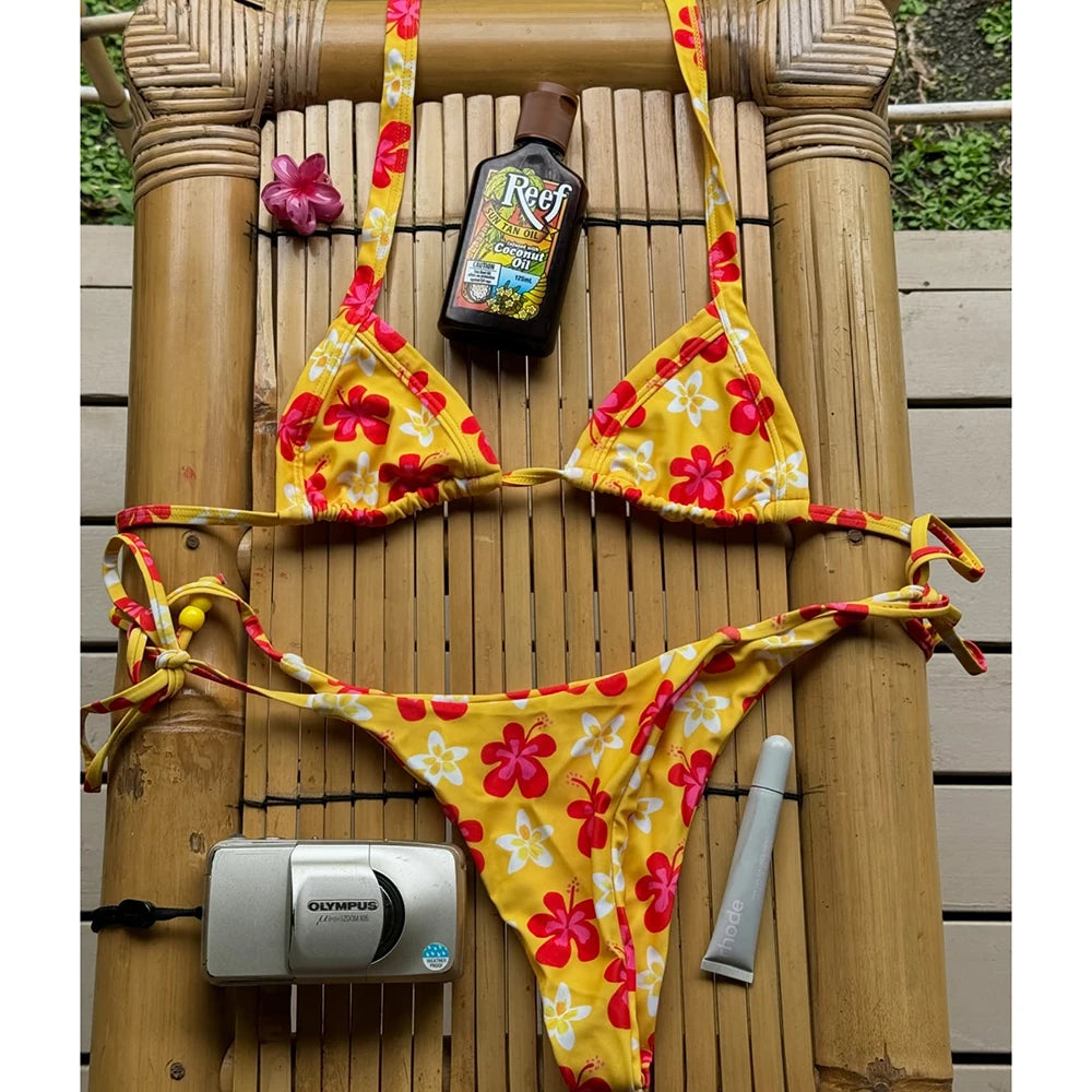 Gingham Bikini Set with Yellow Plumeria Floral Print