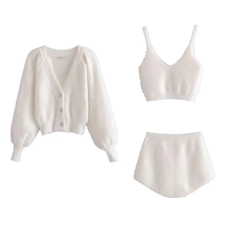 Taruxy Plush Mohair Drill Button Cardigan Coats With Bra Tops And Mini Shorts Set