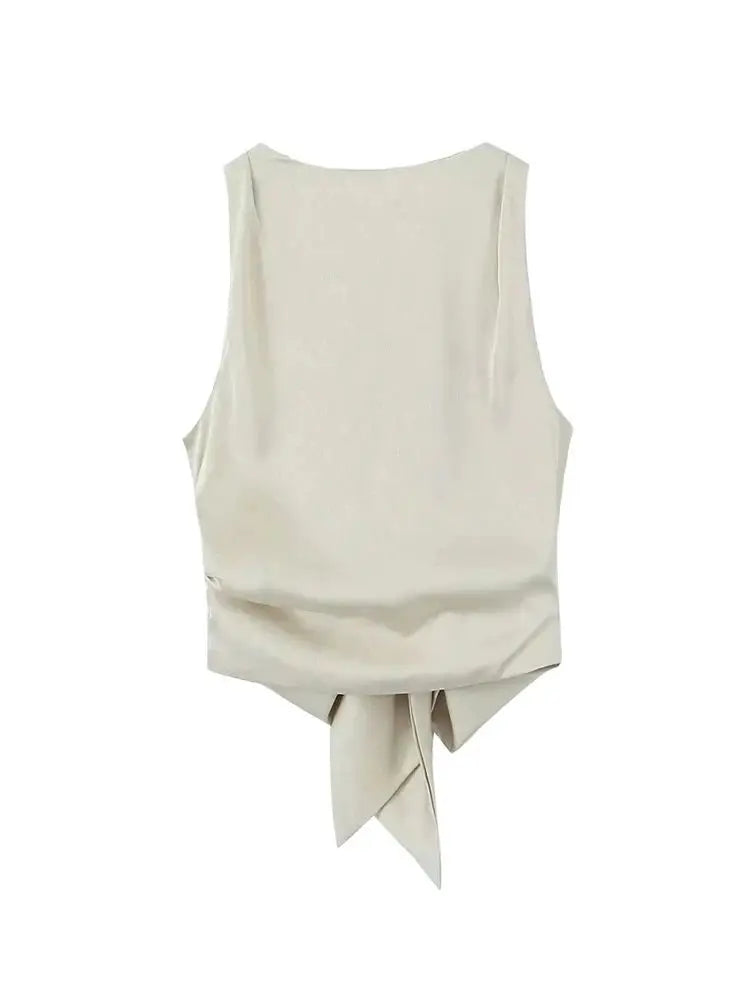 Tied Satin Back Open Crop Blouse