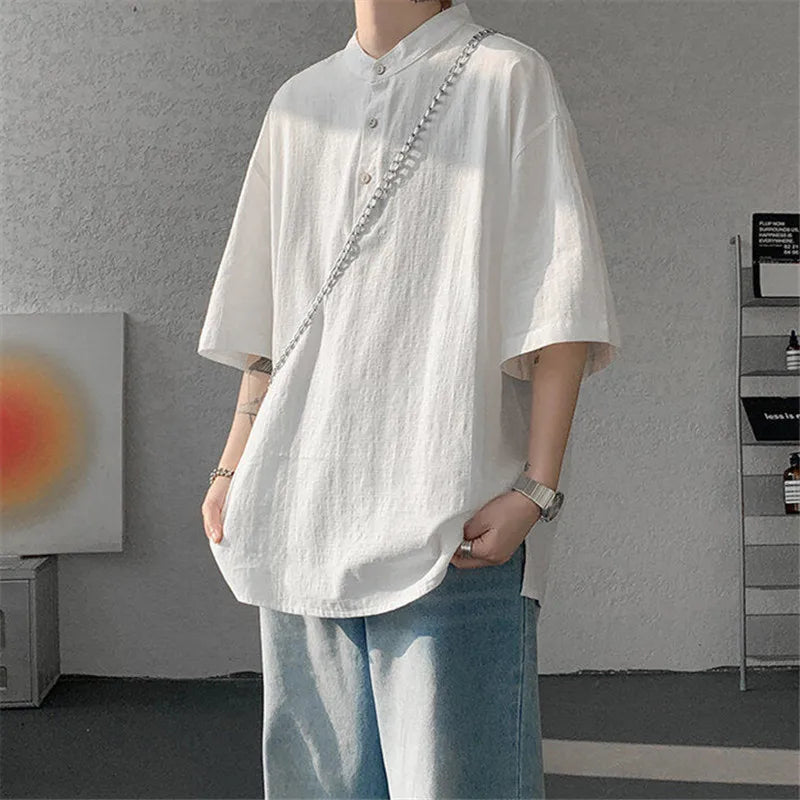 Summer Henry Collar Cotton Linen Tee