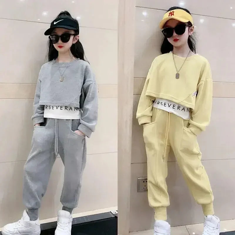2025年ティーン向けグレイガールズスポーツスーツ春服長袖トップスウェットシャツパーカー＆パンツカジュアル6 7 8 9 10 11 12歳子供